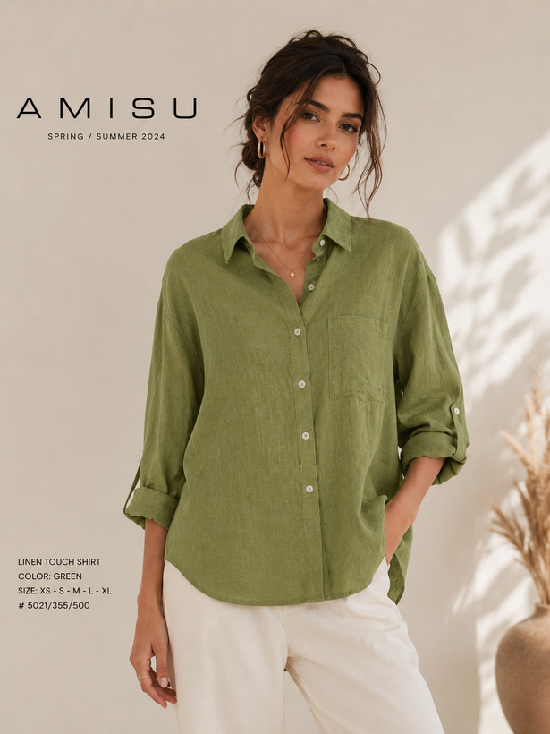 شومیز سبز ماچایی لینن زنانه برند Amisu