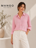 شومیز لینن راه راه صورتی سفید زنانه Mango